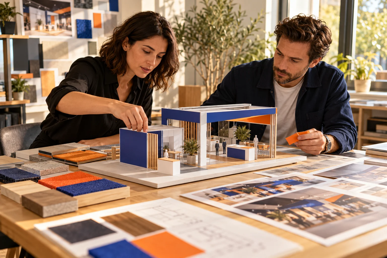 Design professionals exploring a scale model and materials for an exhibition stand