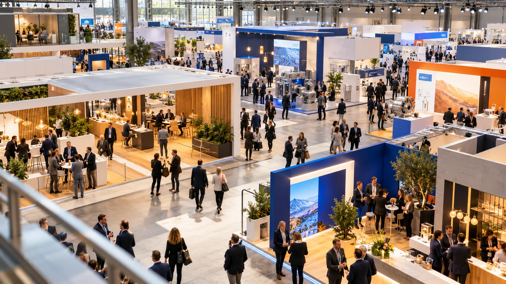 An illustrative view across a busy contemporary exhibition hall